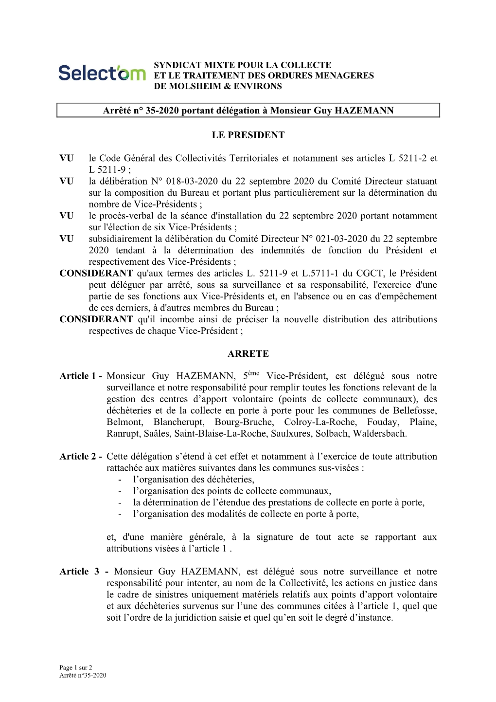 Arrêté N° 35-2020 Portant Délégation À Monsieur Guy HAZEMANN