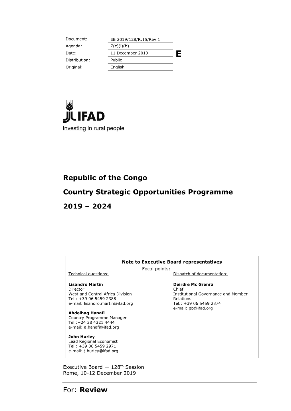 For: Review Republic of the Congo Country Strategic Opportunities