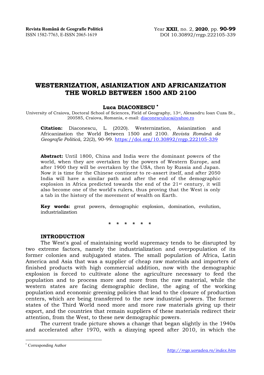 Westernization, Asianization and Africanization the World Between 1500 and 2100