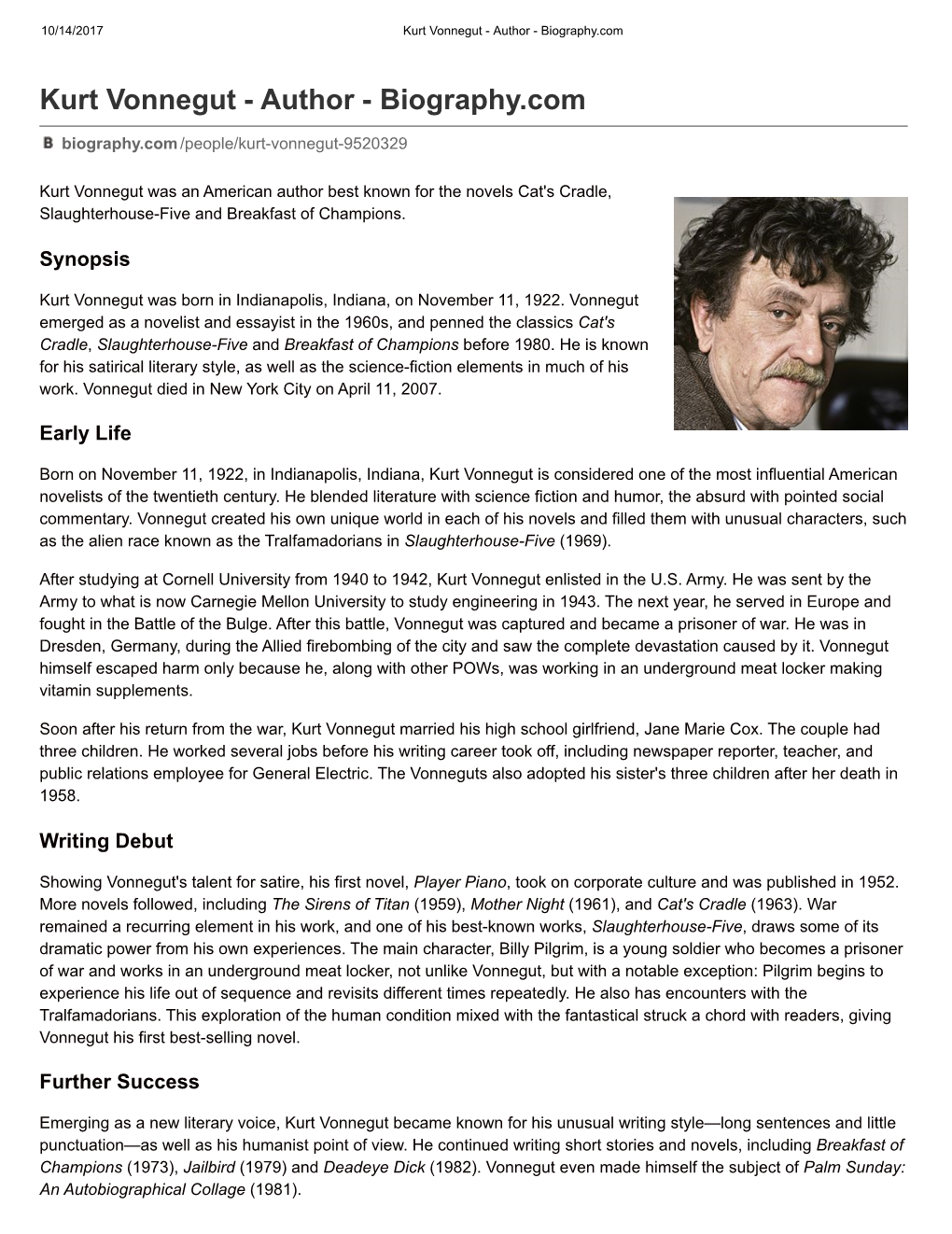 Kurt Vonnegut - Author - Biography.Com