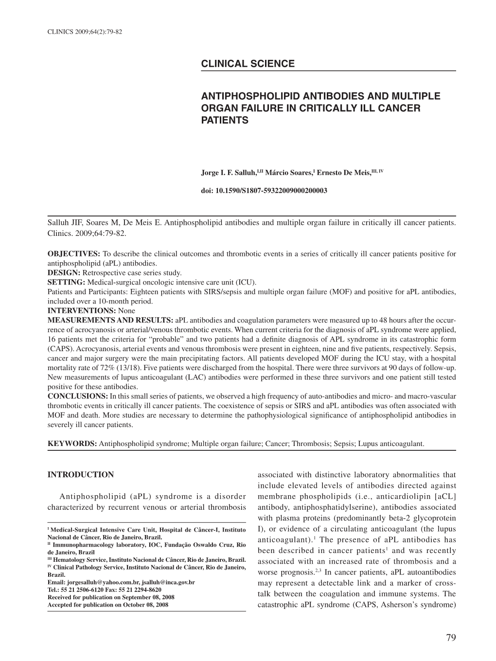 Antiphospholipid Antibodies and Multiple Organ Failure in Critically Ill Cancer Patients