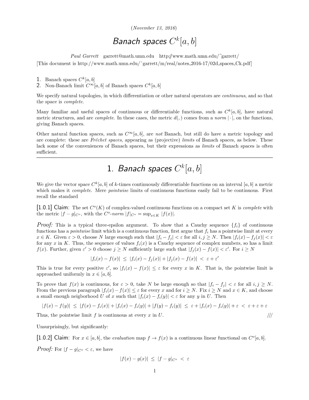 Banach Spaces Ck[A, B] 1. Banach Spaces C K[A, B]