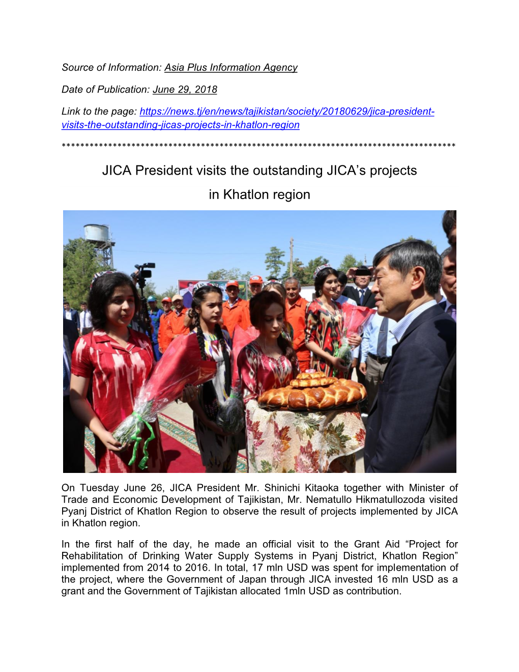 JICA President Visits the Outstanding JICA's Projects in Khatlon Region