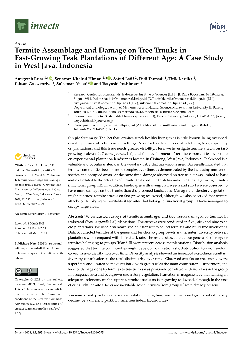 Termite Assemblage and Damage on Tree Trunks in Fast-Growing Teak Plantations of Different Age: a Case Study in West Java, Indonesia