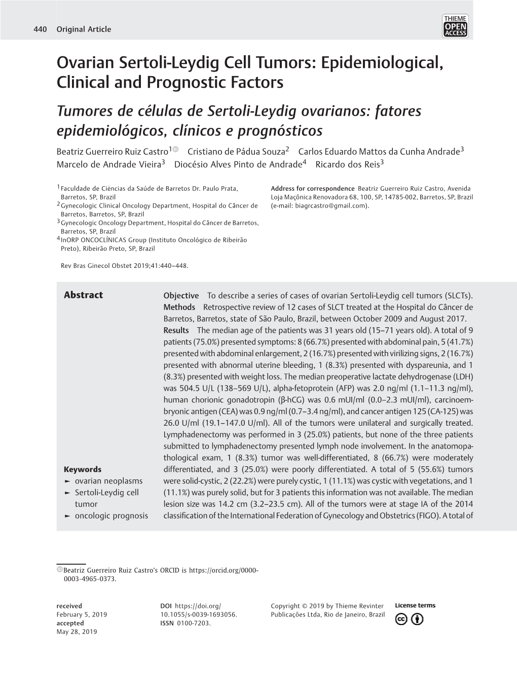 Ovarian Sertoli-Leydig Cell Tumors: Epidemiological, Clinical and Prognostic Factors
