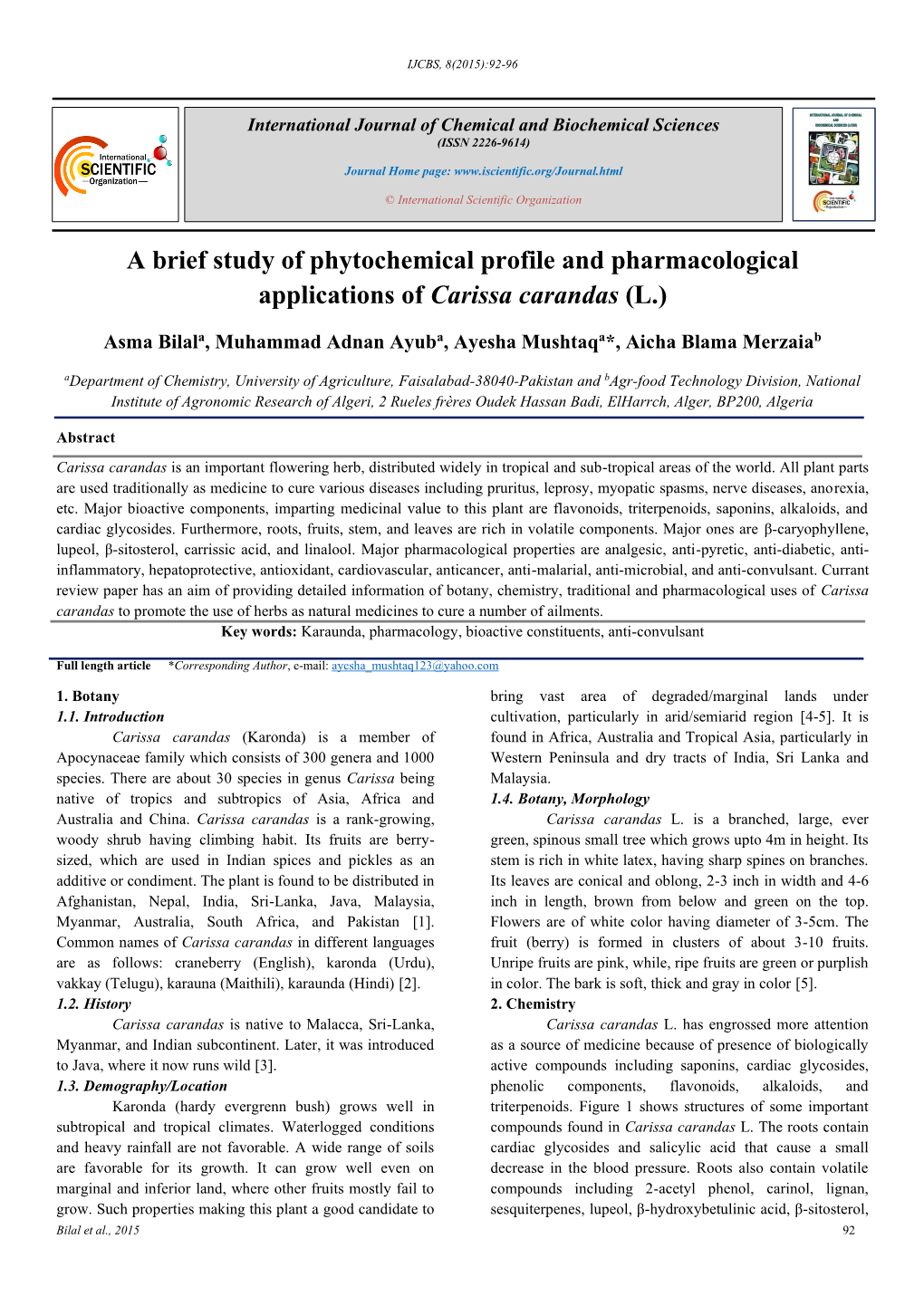 A Brief Study of Phytochemical Profile and Pharmacological Applications of Carissa Carandas (L.)