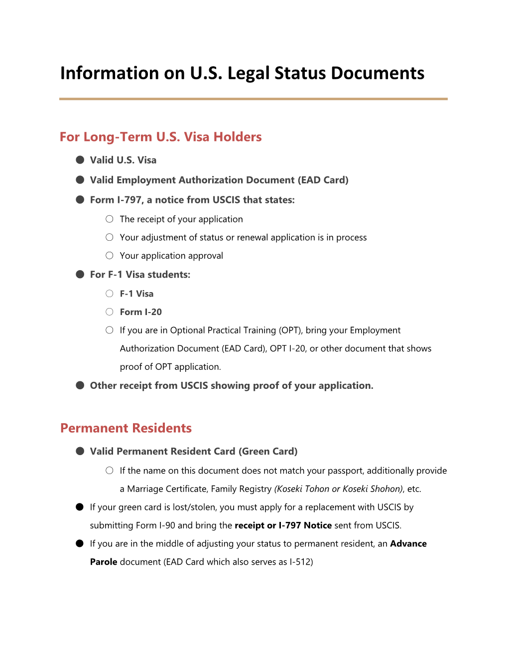 Information on U.S. Legal Status Documents