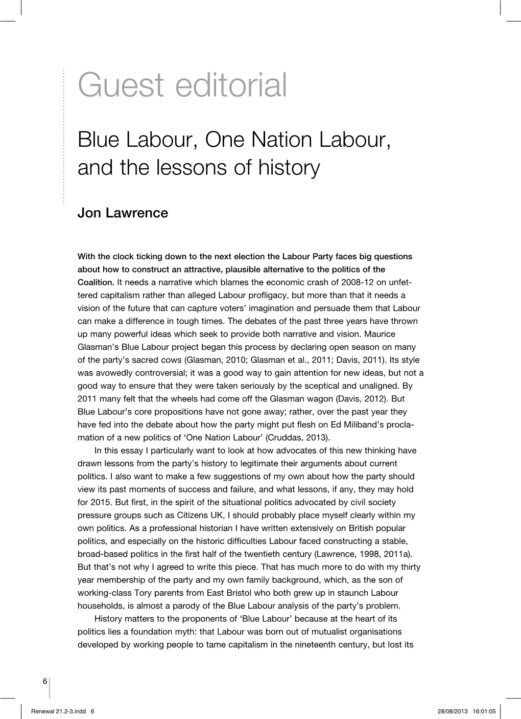 Jon Lawrence, Blue Labour, One Nation Labour, and the Lessons Of