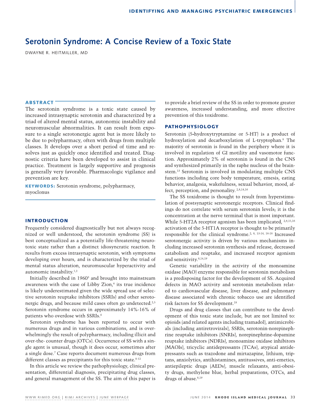 Serotonin Syndrome: a Concise Review of a Toxic State