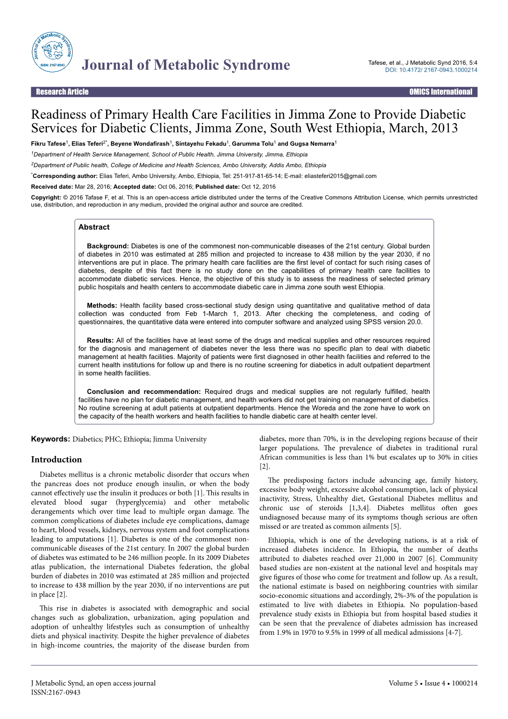 Journal of Metabolic Syndrome DOI: 10.4172/ 2167-0943.1000214