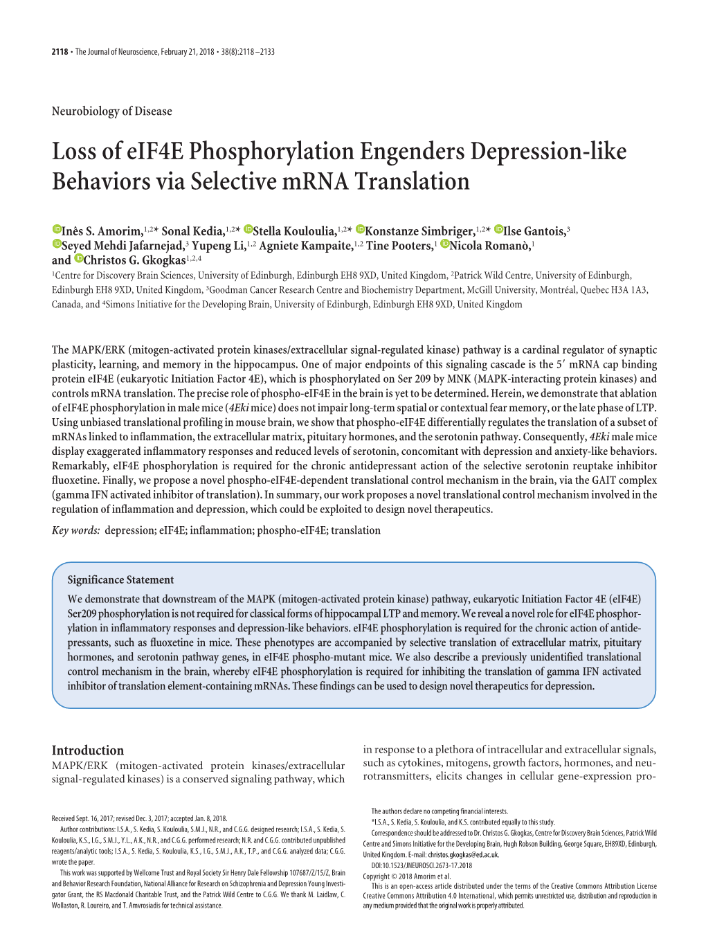 Loss of Eif4e Phosphorylation Engenders Depression-Like Behaviors Via Selective Mrna Translation