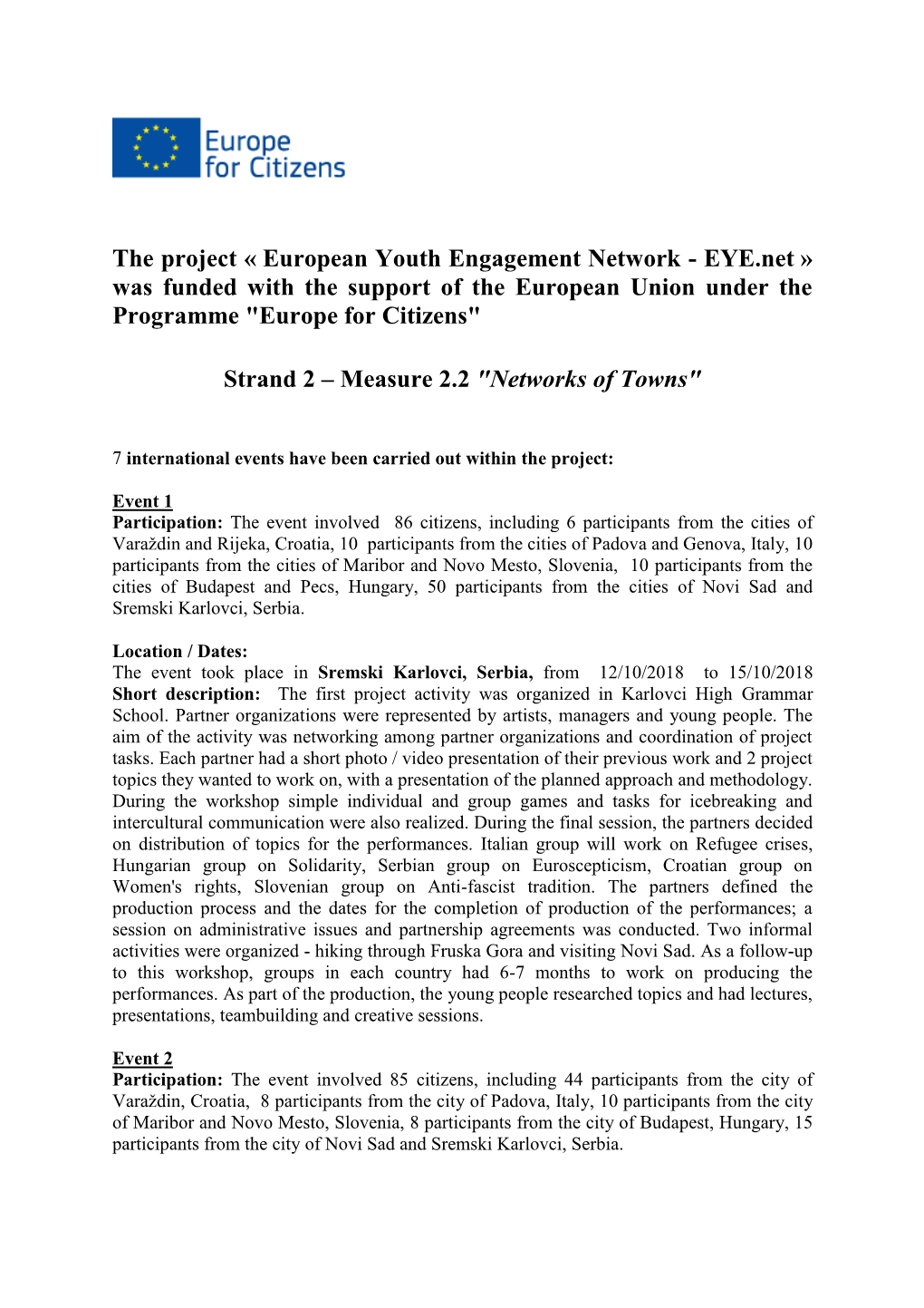 The Project « European Youth Engagement Network - EYE.Net » Was Funded with the Support of the European Union Under the Programme 