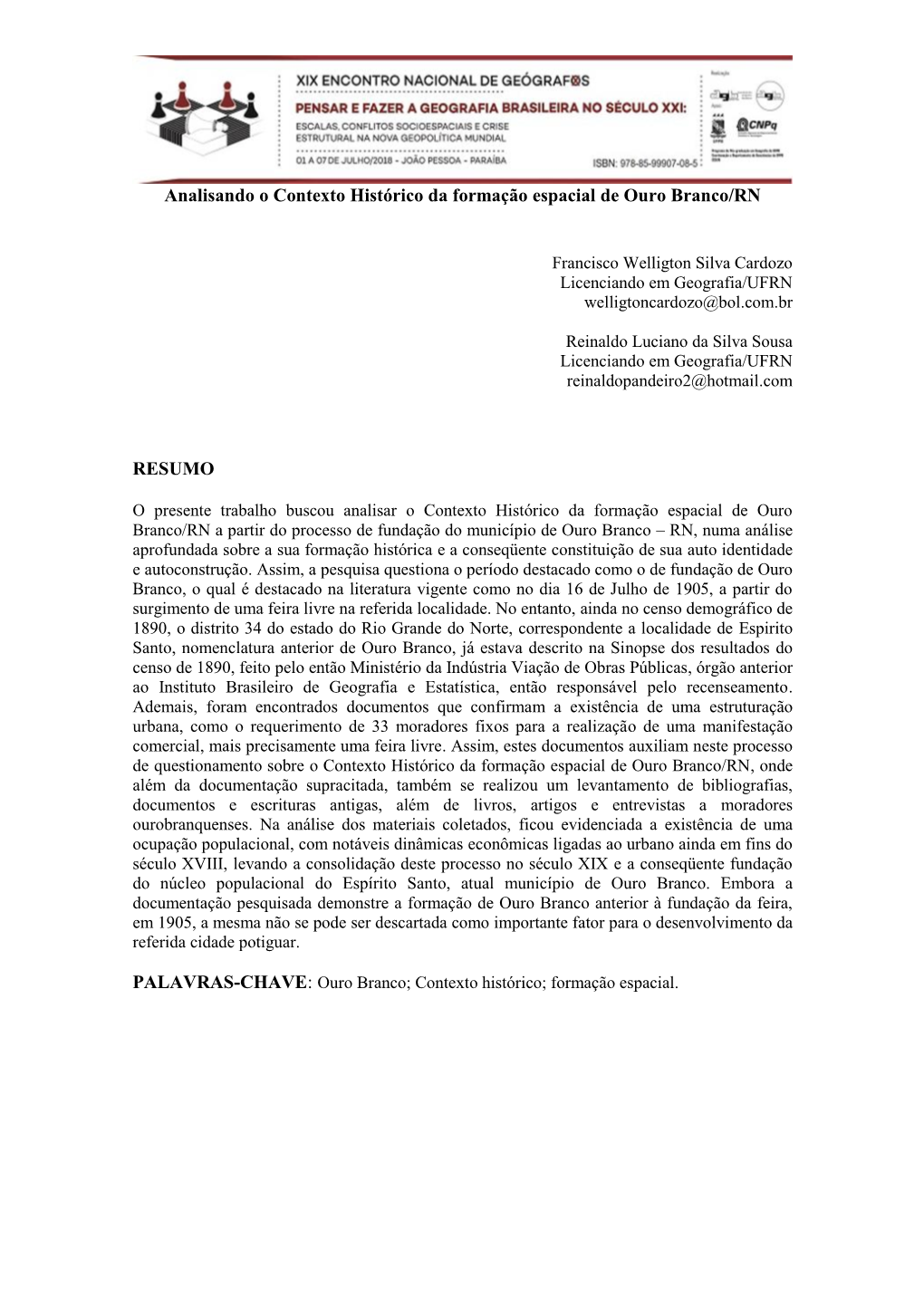 Analisando O Contexto Histórico Da Formação Espacial De Ouro Branco/RN