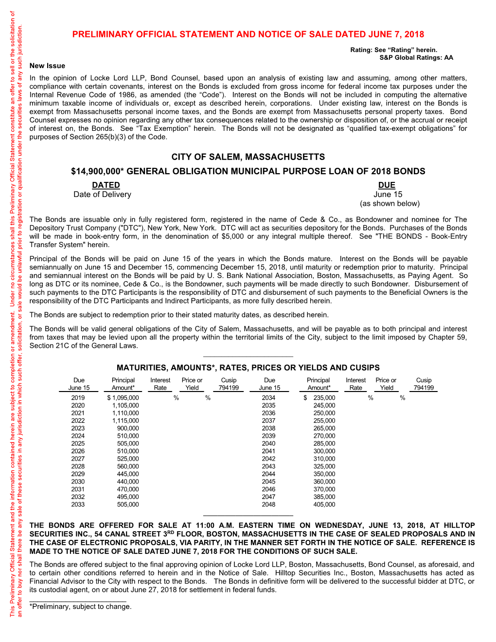 Preliminary Official Statement and Notice of Sale Dated June 7, 2018