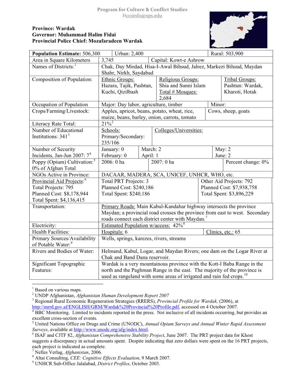 Wardak Provincial Summary