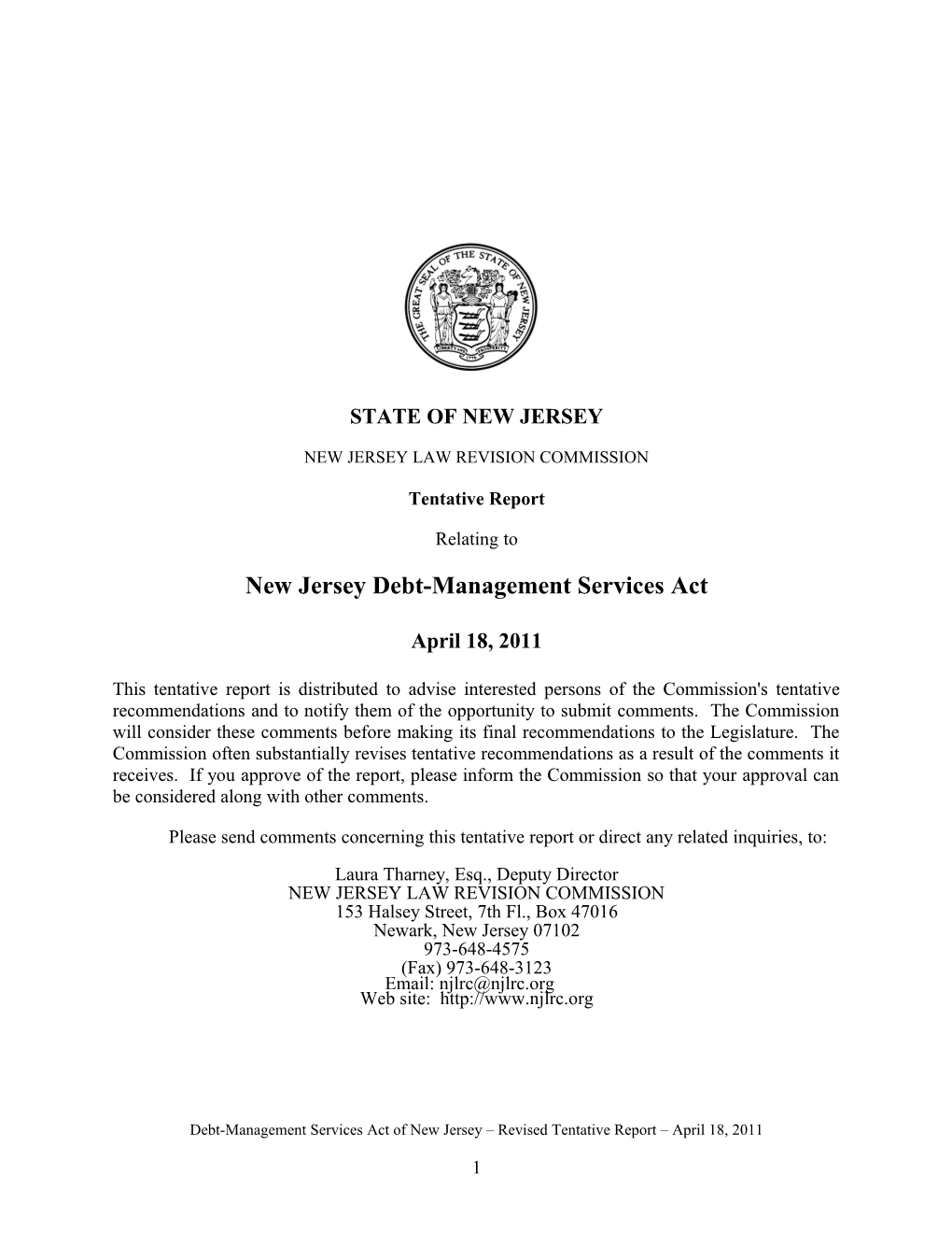 STATE of NEW JERSEY NEW JERSEY LAW REVISION COMMISSION Tentative Report