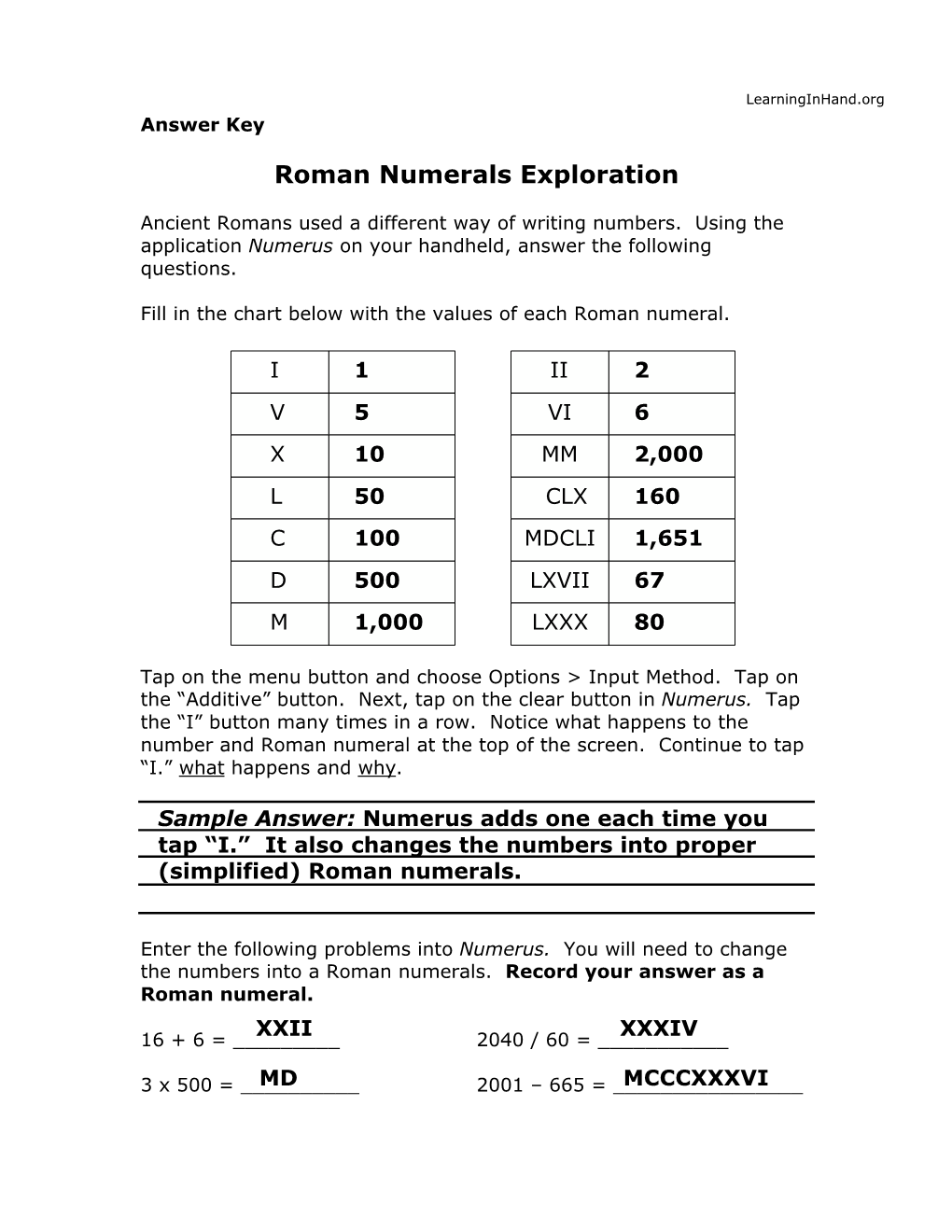 Roman Numerals Exploration