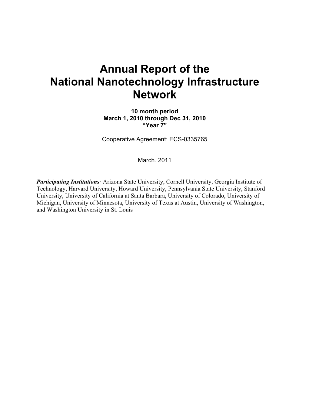 Annual Report of the National Nanotechnology Infrastructure Network