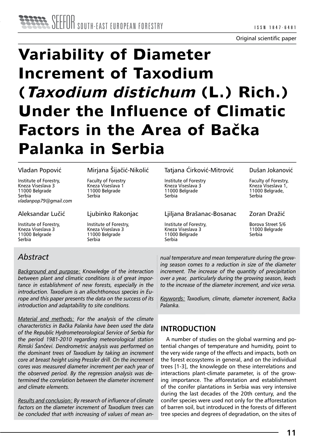 (Taxodium Distichum (L.) Rich.) Under the Influence of Climatic Factors in the Area of Bačka Palanka in Serbia