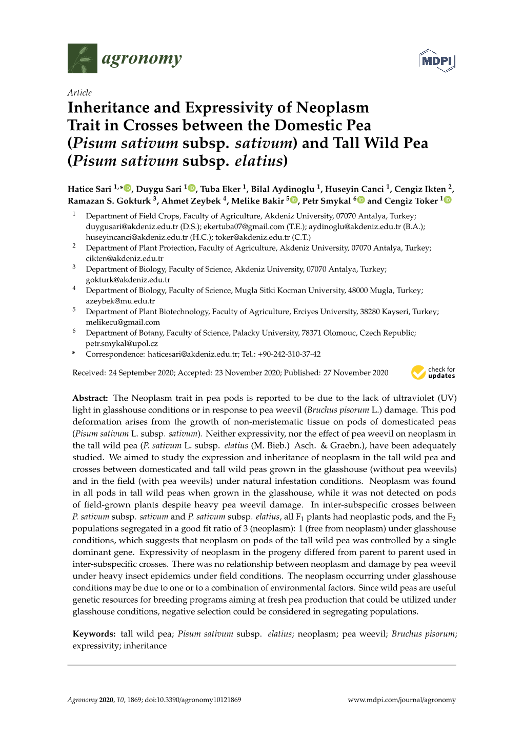 Inheritance and Expressivity of Neoplasm Trait in Crosses Between the Domestic Pea (Pisum Sativum Subsp