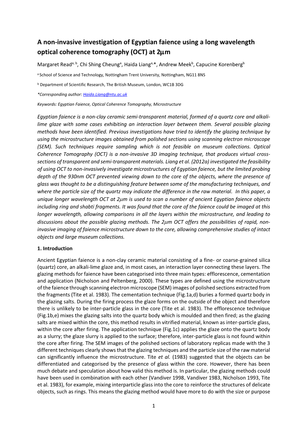 A Non-Invasive Investigation of Egyptian Faience Using a Long Wavelength Optical Coherence Tomography (OCT) at 2M