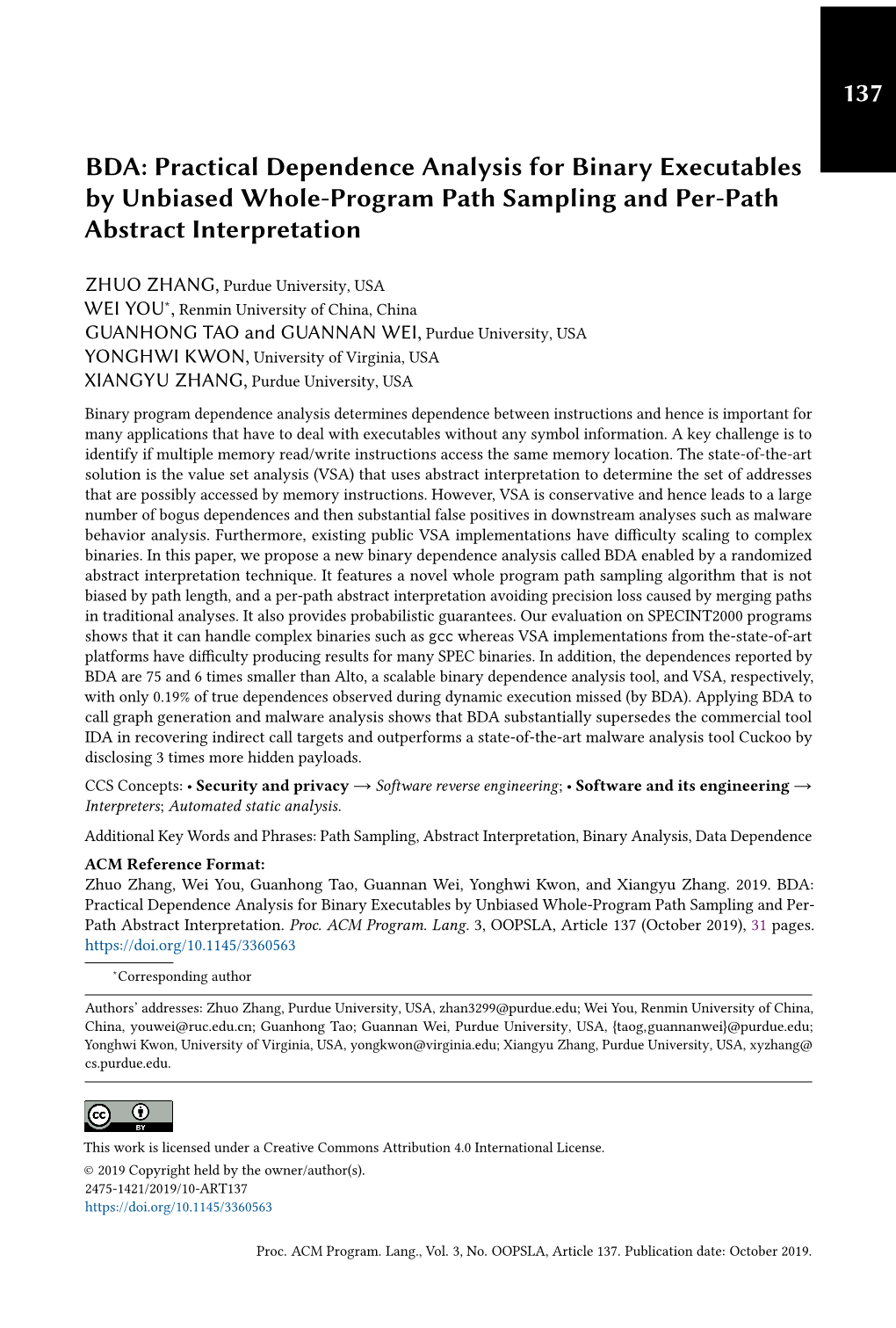 BDA: Practical Dependence Analysis for Binary Executables by Unbiased Whole-Program Path Sampling and Per-Path Abstract Interpretation