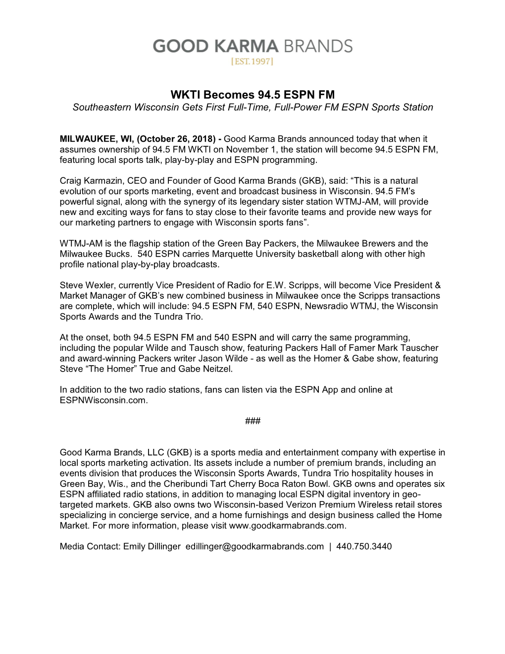 WKTI Becomes 94.5 ESPN FM Southeastern Wisconsin Gets First Full-Time, Full-Power FM ESPN Sports Station