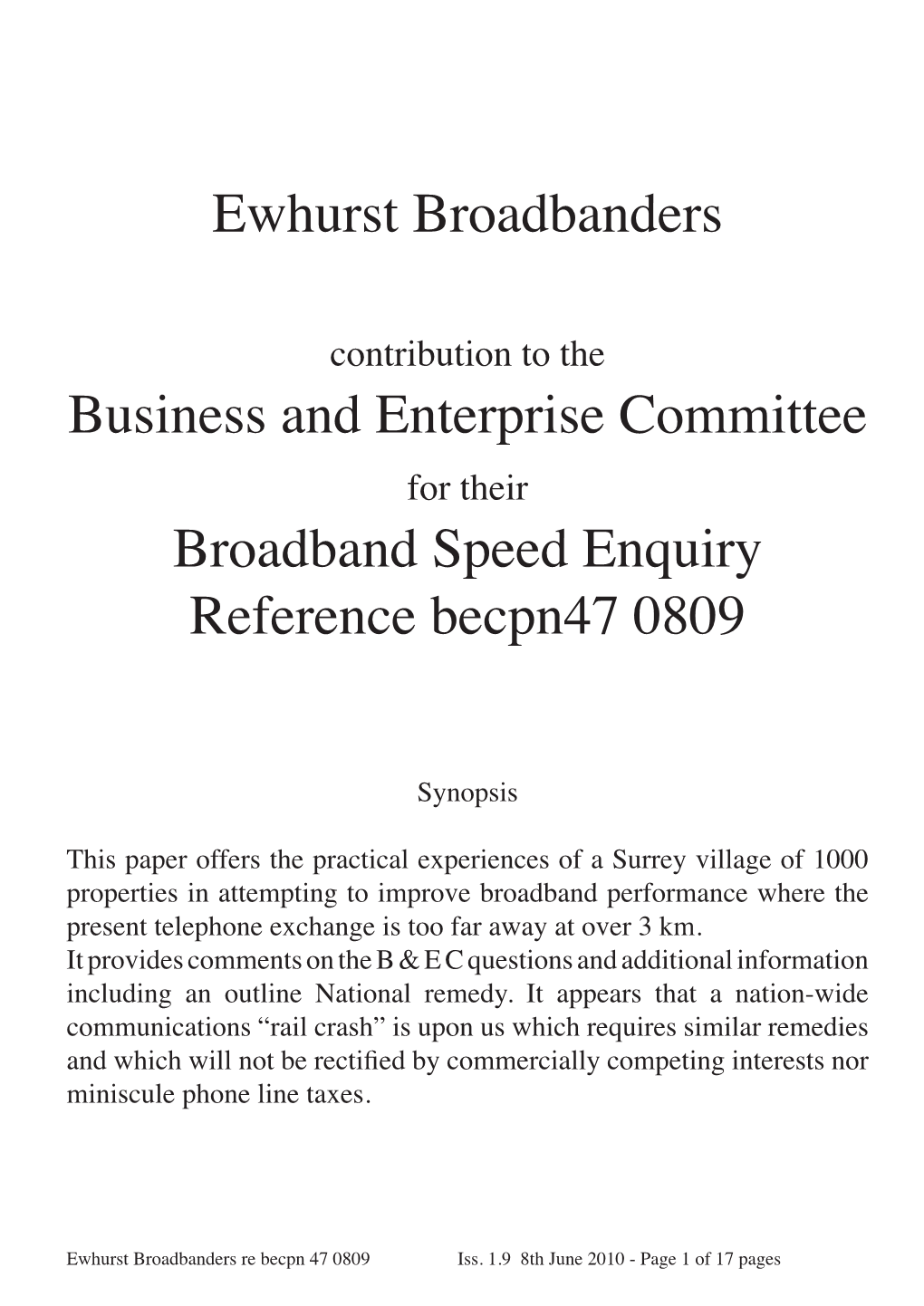 Ewhurst Broadbanders Business and Enterprise Committee Broadband
