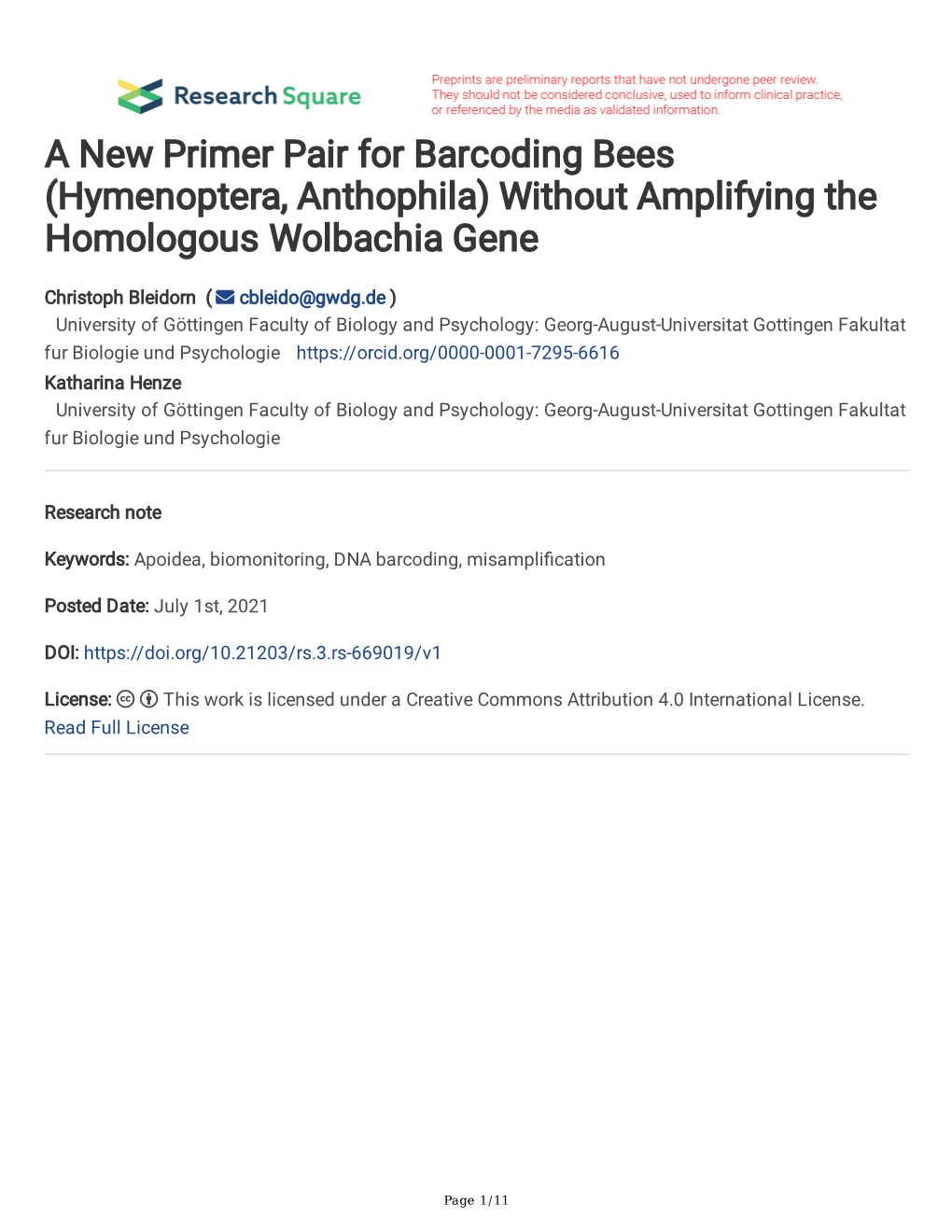 A New Primer Pair for Barcoding Bees (Hymenoptera, Anthophila) Without Amplifying the Homologous Wolbachia Gene