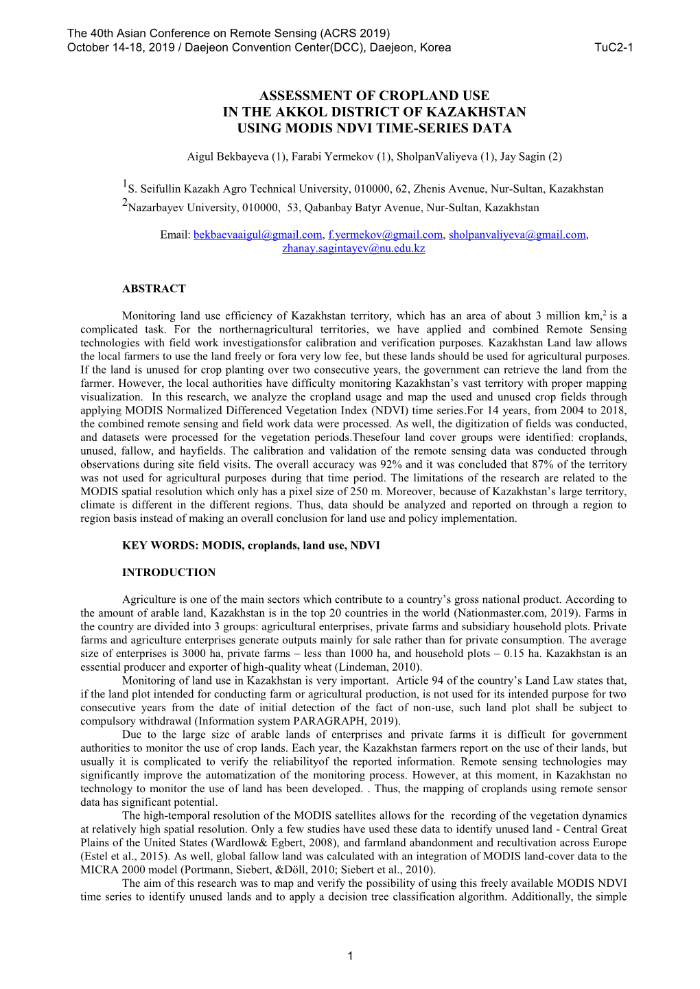 Assessment of Cropland Use in the Akkol District of Kazakhstan Using Modis Ndvi Time-Series Data