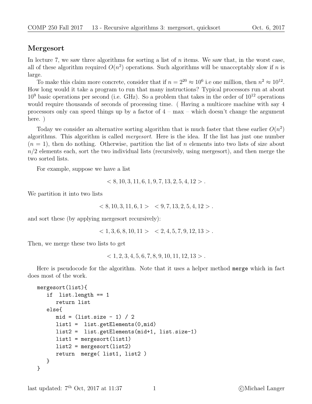 Mergesort, Quicksort Oct