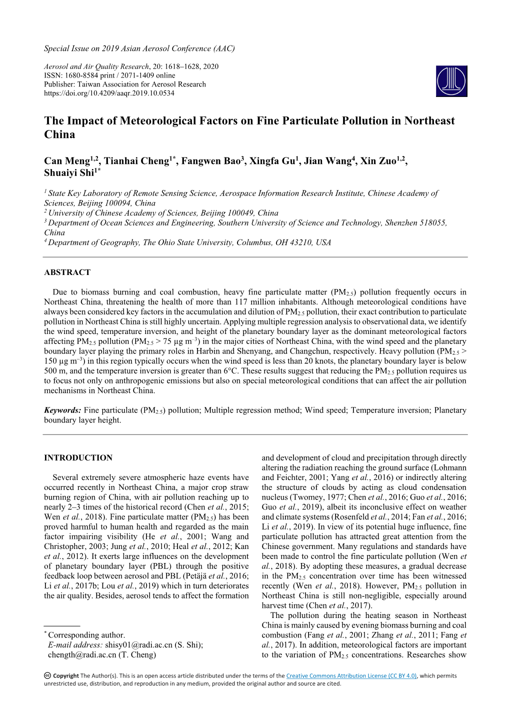 The Impact of Meteorological Factors on Fine Particulate Pollution in Northeast China