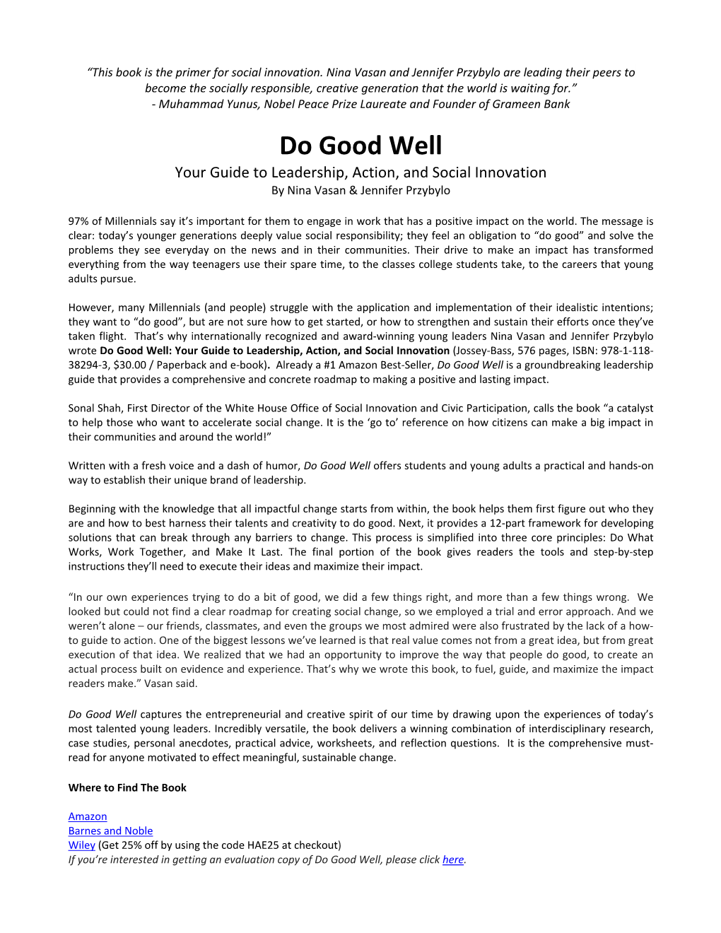 Do Good Well Your Guide to Leadership, Action, and Social Innovation by Nina Vasan & Jennifer Przybylo