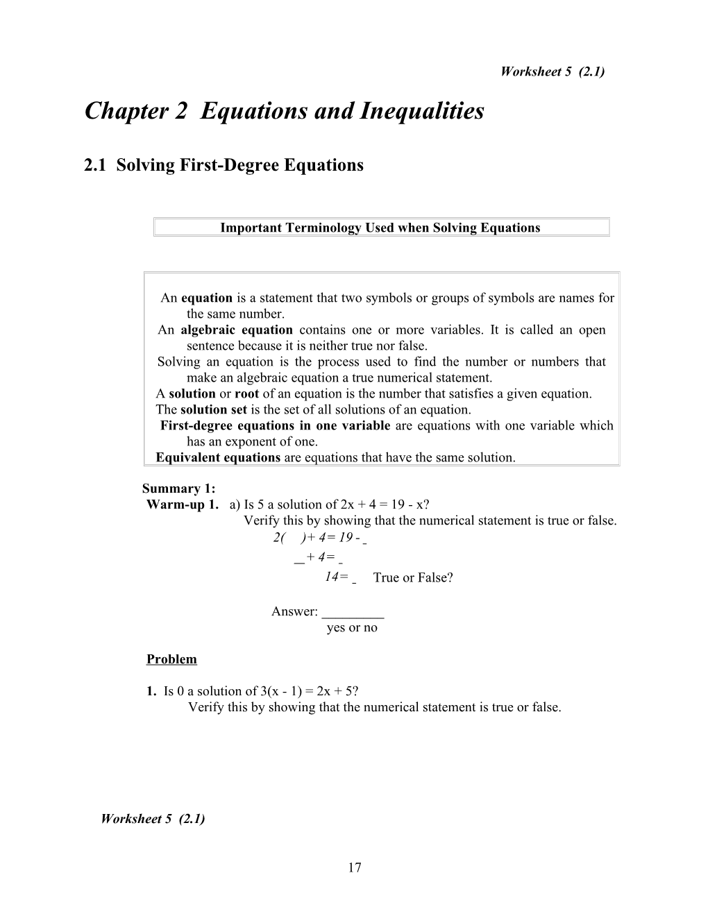 Chapter 2 Equations and Inequalities