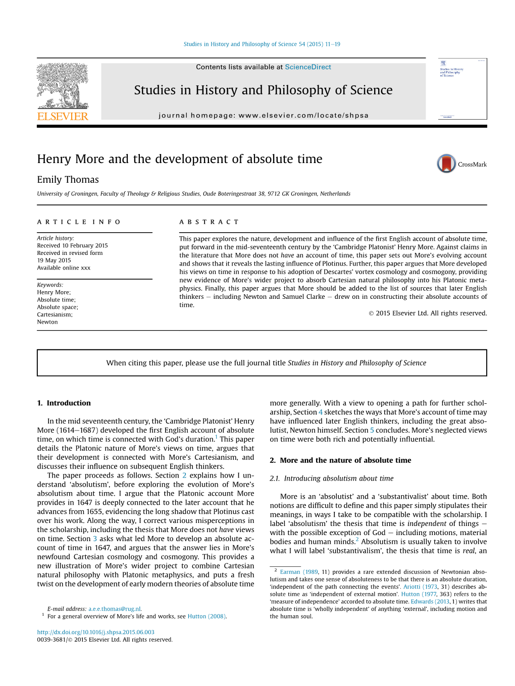 Henry More and the Development of Absolute Time