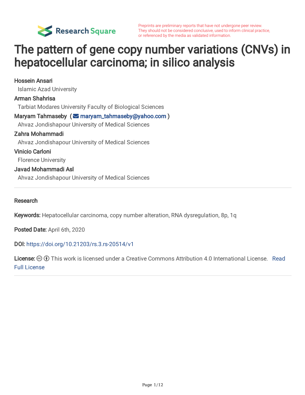 (Cnvs) in Hepatocellular Carcinoma; in Silico Analysis