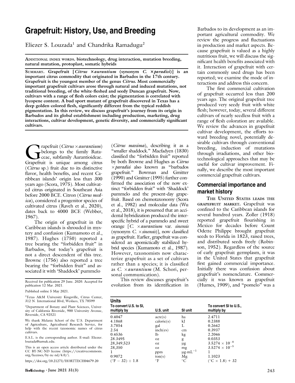 Grapefruit: History, Use, and Breeding Portant Agricultural Commodity