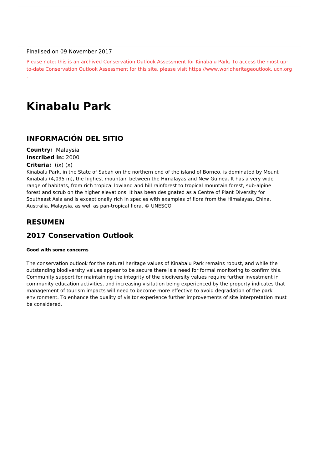 Kinabalu Park - 2017 Conservation Outlook Assessment (Archived)