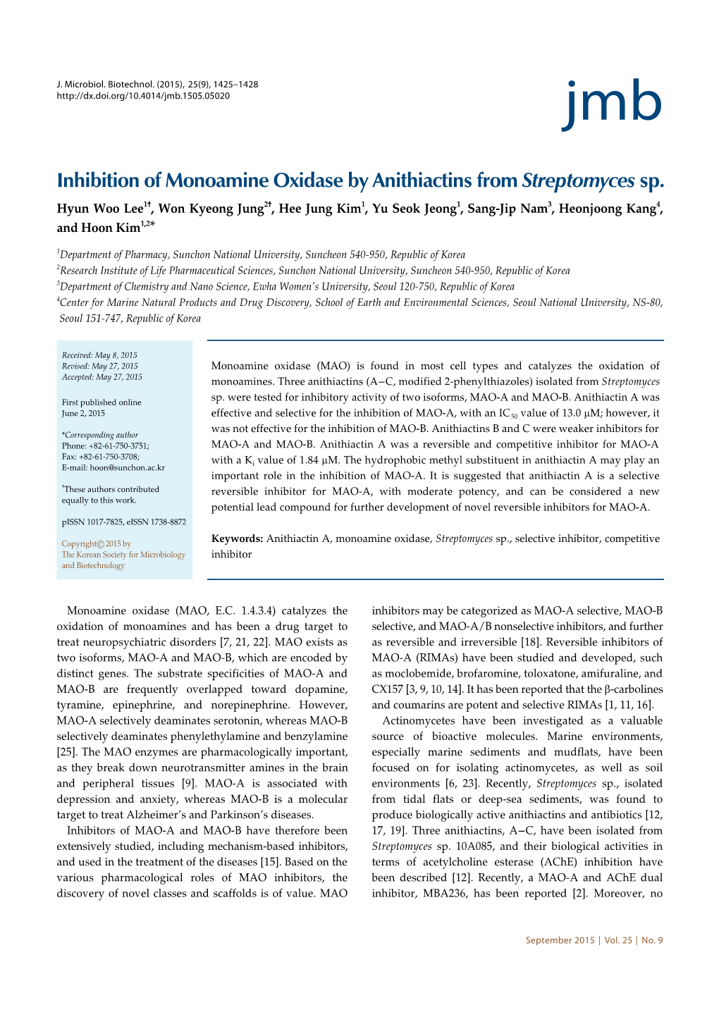 Inhibition of Monoamine Oxidase by Anithiactins from Streptomyces Sp