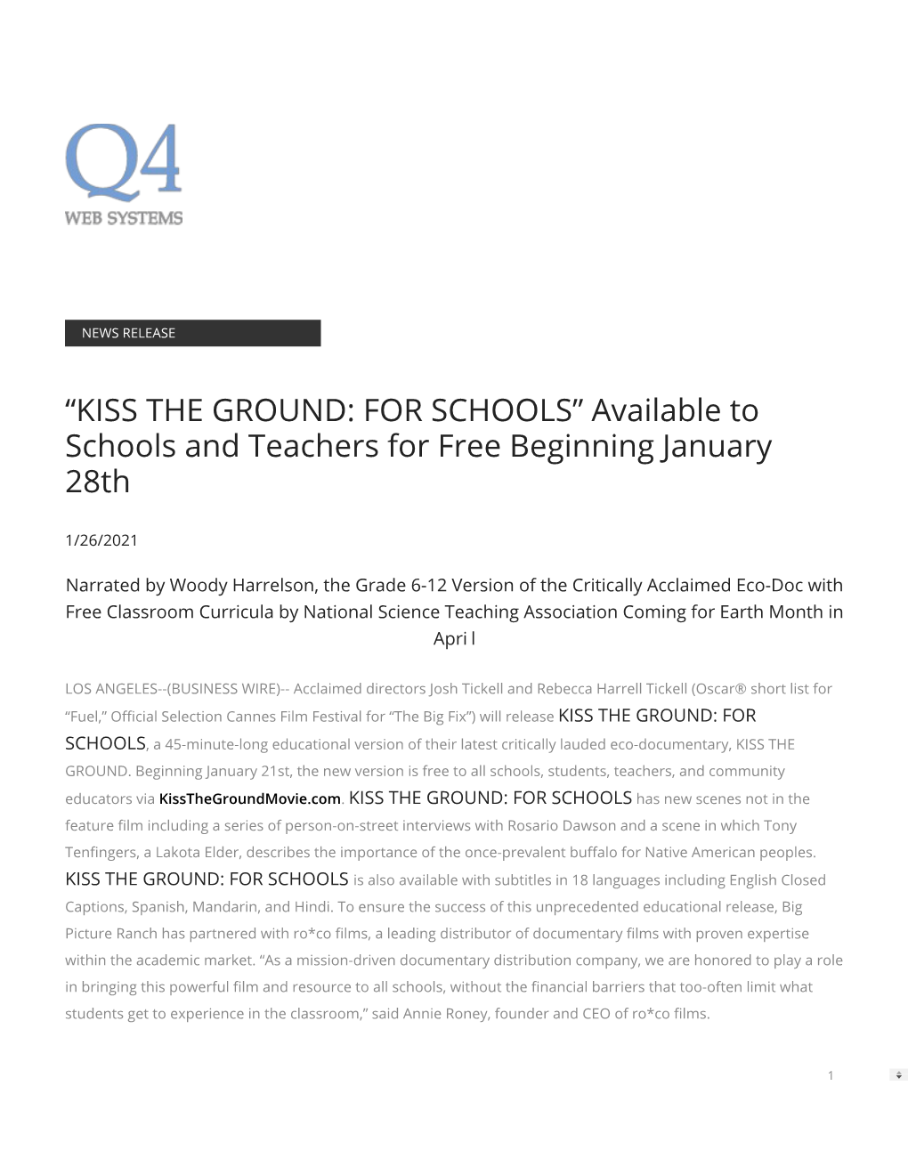 “KISS the GROUND: for SCHOOLS” Available to Schools and Teachers for Free Beginning January 28Th