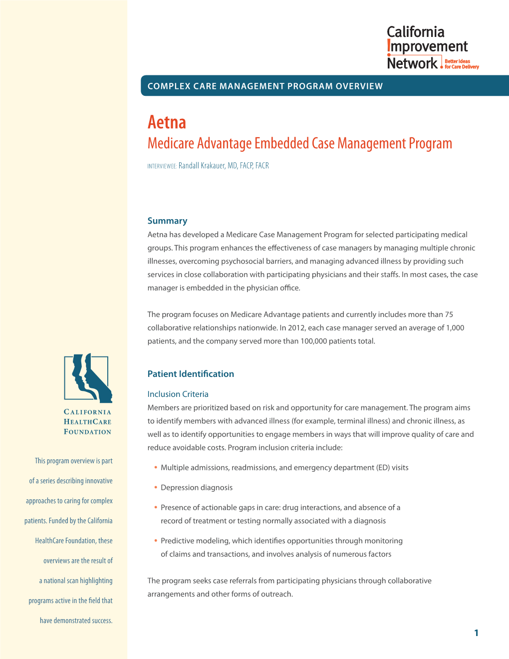Complex Care Management Program Overviews: General (PDF)