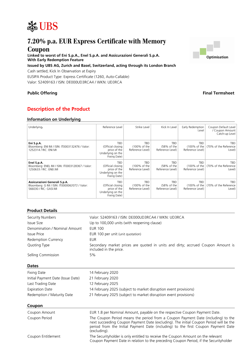 7.20% P.A. EUR Express Certificate with Memory Coupon Linked to Worst of Eni S.P.A., Enel S.P.A