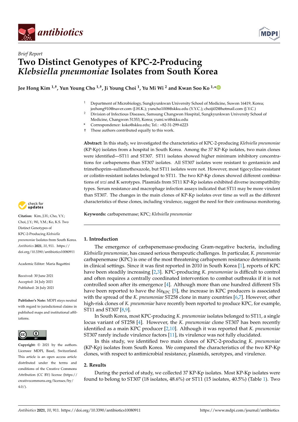 Two Distinct Genotypes of KPC-2-Producing Klebsiella Pneumoniae Isolates from South Korea