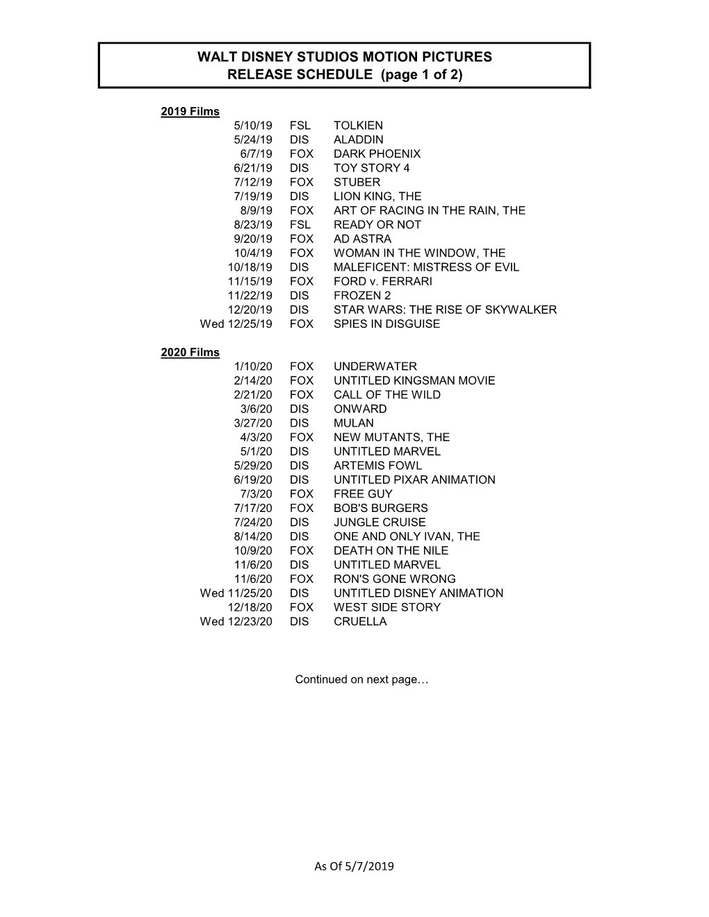 Disney-Release-Schedule 5.7.19.Xlsx