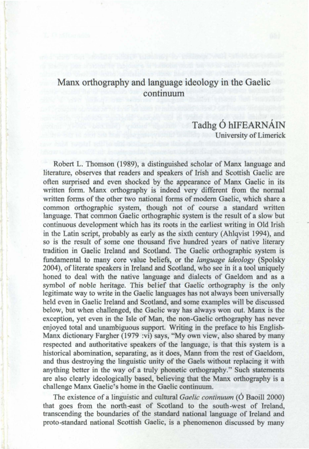 Manx Orthography and Language Ideology in the Gaelic Continuum