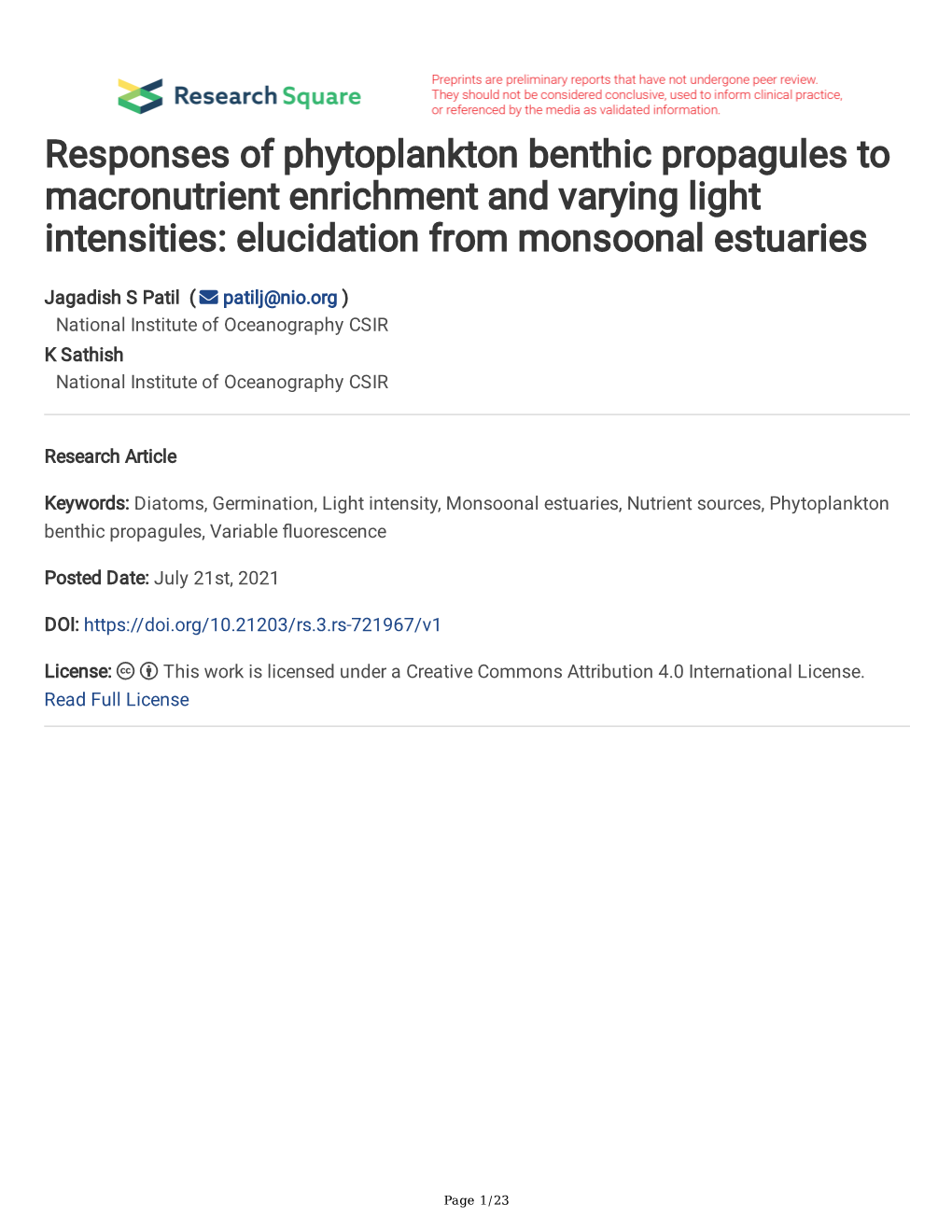 Responses of Phytoplankton Benthic Propagules to Macronutrient Enrichment and Varying Light Intensities: Elucidation from Monsoonal Estuaries