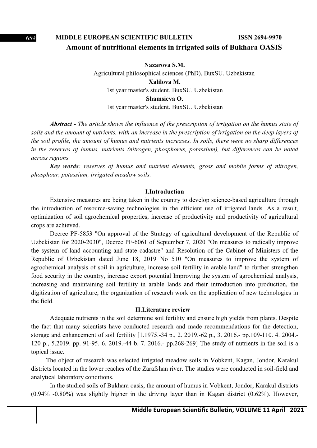 MIDDLE EUROPEAN SCIENTIFIC BULLETIN ISSN 2694-9970 Amount of Nutritional Elements in Irrigated Soils of Bukhara OASIS