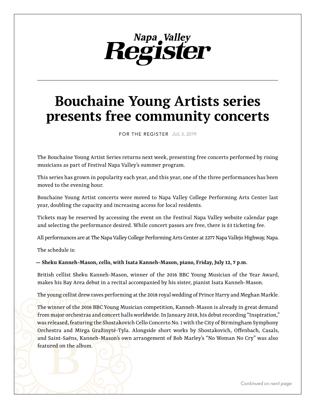 Bouchaine Young Artists Series Presents Free Community Concerts