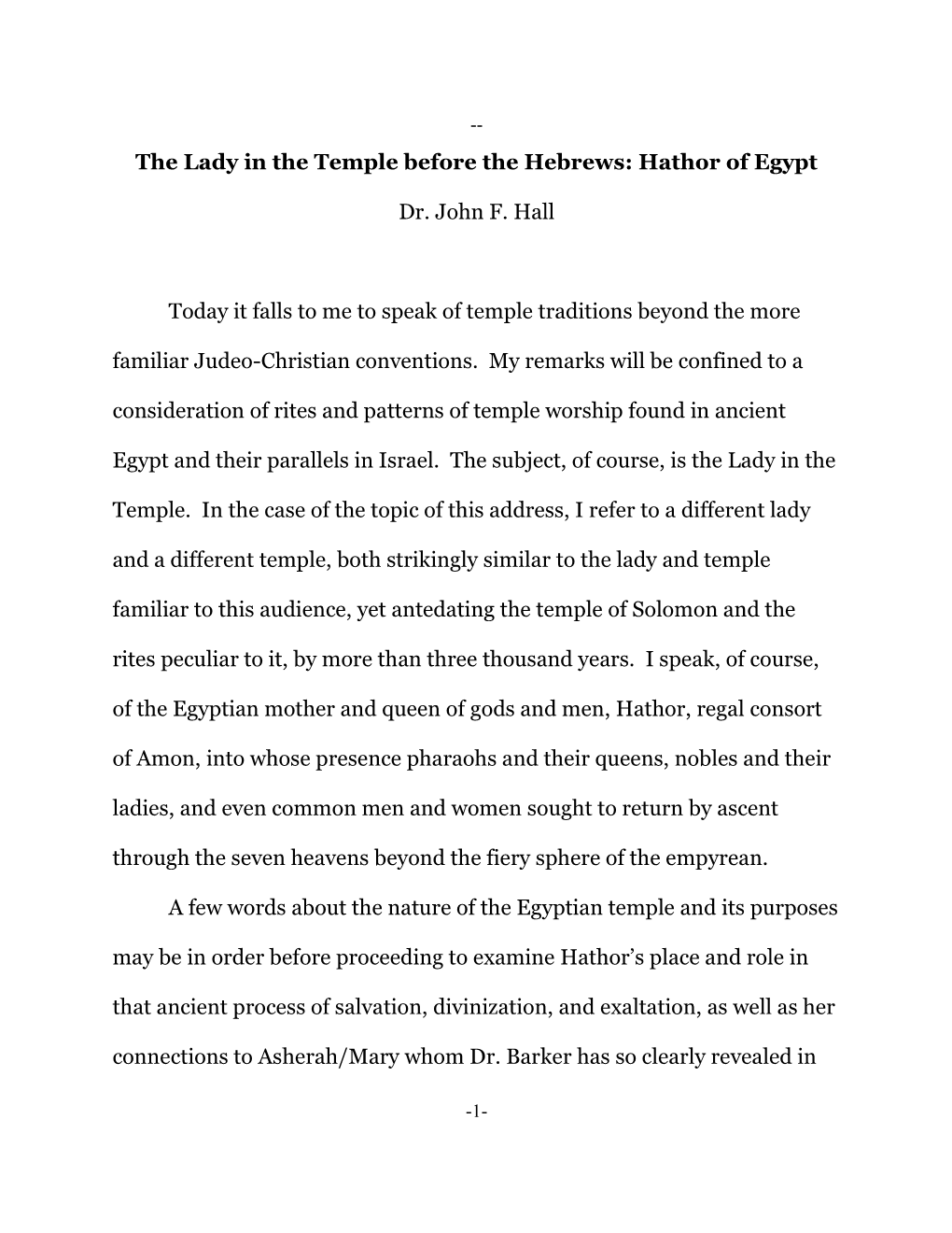 The Lady in the Temple Before the Hebrews: Hathor of Egypt