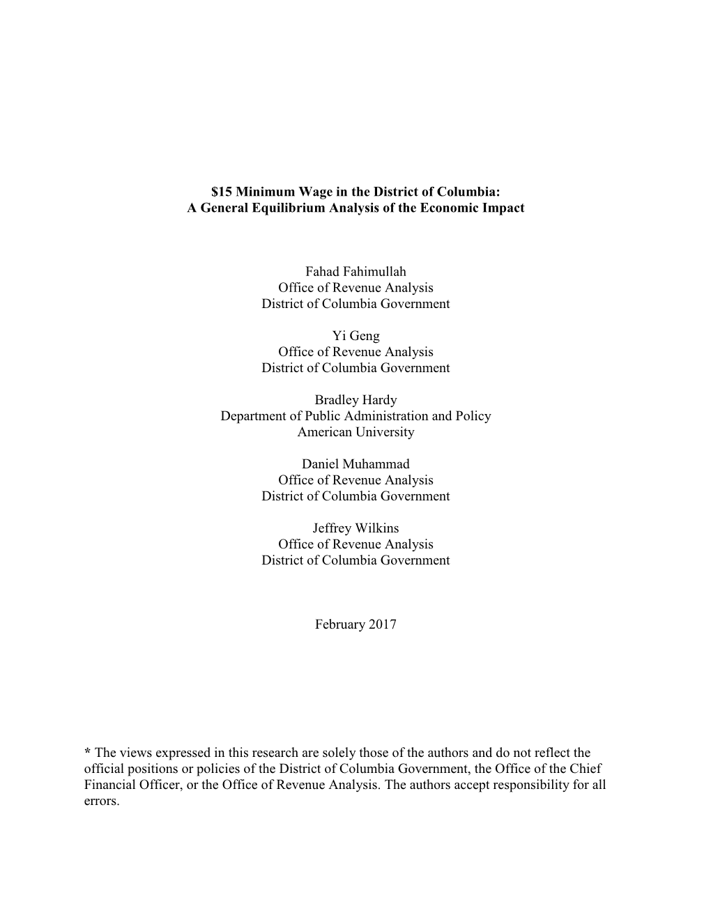 $15 Minimum Wage in the District of Columbia: a General Equilibrium Analysis of the Economic Impact